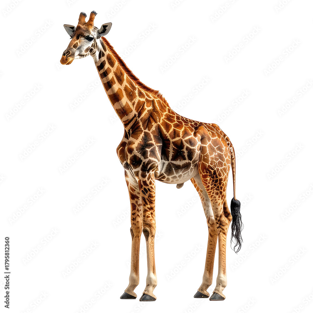 Fototapeta premium Full-bodied giraffe with distinctive brown & cream patterned coat standing