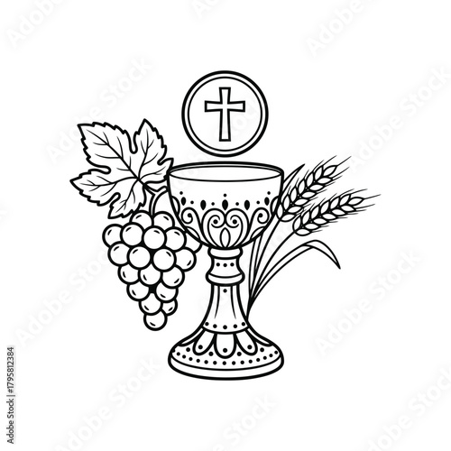 eucharist symbol with chalice, host, grapes, and wheat line art drawing on a white background.