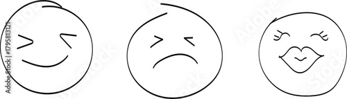 Face emoji icon set. Hand drawn doodle sketch style happy, angry, sad mood face emoticon background. Funny cartoon characters smile, wink, kiss emoji. Cute circle emotion element. Vector 