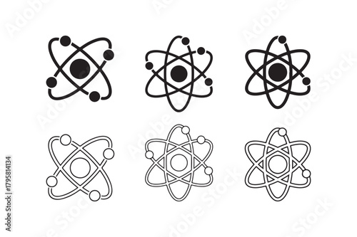 Atom model icon outline and silhouette set