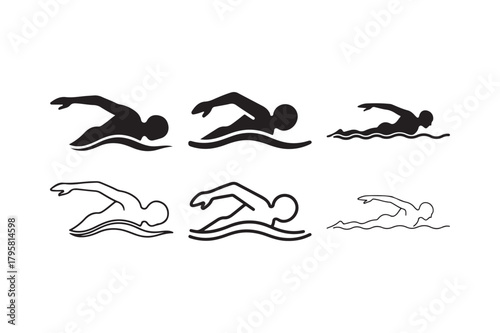 Swimmer icon outline and silhouette set