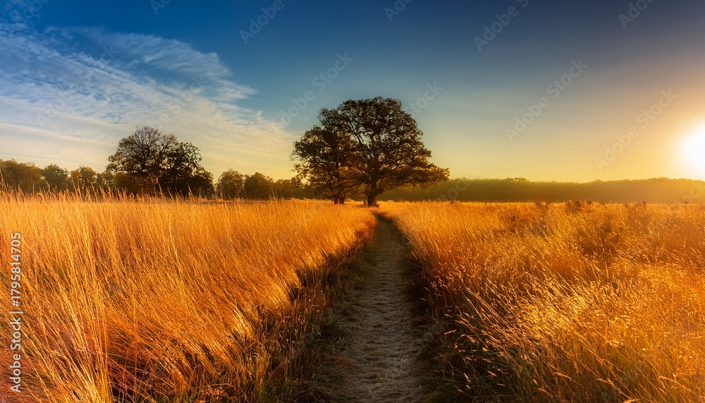 Obraz premium golden hour path through a field of tall grass leading to trees