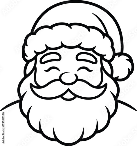Black and white cartoon Santa Claus face with closed eyes