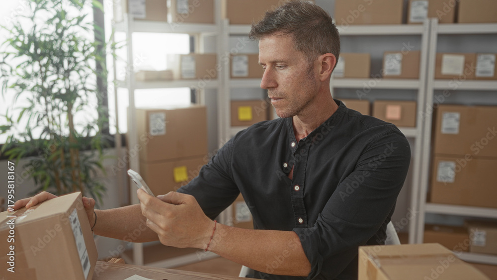 Obraz premium Man holding cardboard parcel and smartphone with bare hands while scanning label in a building; efficiency focus.