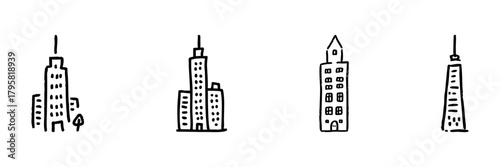 Skyscraper And Cityscape Line Icon Set In Doodle Style. Urban Architecture And Skyline Outline Sketch Collection. Modern Buildings And City Planning. Hand Drawn Isolated Vector Illustration