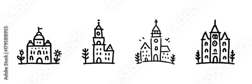 Historic Buildings And Landmarks Line Icon Set In Doodle Style. Architectural Heritage And Cultural Monuments Outline Sketch Collection. Hand Drawn Isolated Vector Illustration