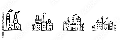 Factory And Industrial Buildings Line Icon Set In Doodle Style. Manufacturing, Production, And Urban Development Outline Sketch Collection. Hand Drawn Isolated Vector Illustration
