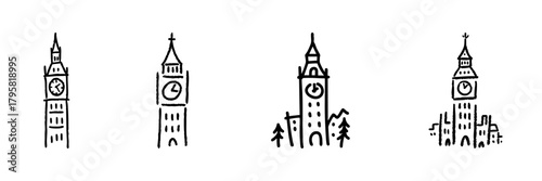 Clock Tower Line Icon Set In Doodle Style. Timekeeping, Architecture, And Landmark Representation Outline Sketch Collection. Urban And Cultural Symbol. Hand Drawn Isolated Vector Illustration