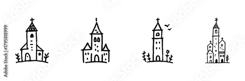 Church Building Line Icon Set In Doodle Style. Religious Architecture And Spiritual Landmark Outline Sketch Collection. Hand Drawn Isolated Vector Illustration