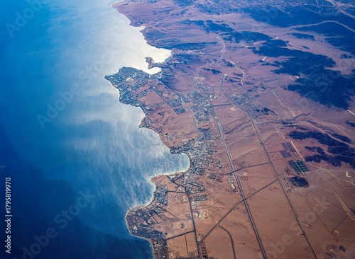 City on the red sea in Saudi Arabia viewed from a passing airplane