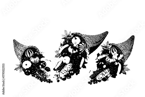 Autumn cornucopia (horn of plenty) with fruits and vegetables. Halloween
