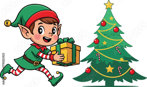 Christmas elf running with gift box near decorated tree
