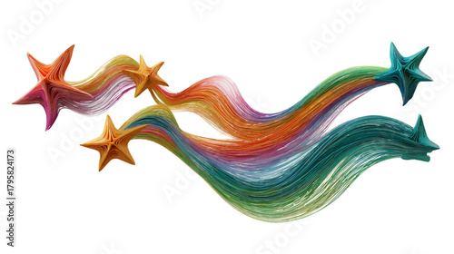 Vibrant rainbow colored stars with flowing, wavy streams of colorful strands on a clean white background, abstract artistic design.