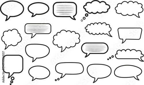 Collection of hand drawn speech bubbles and thought clouds for communication