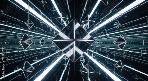 Abstract Geometric Tunnel with Glowing Lines and Diamond Shapes.