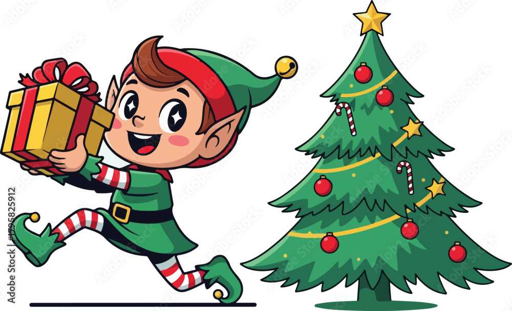 Naklejka premium Cute cartoon elf running with a gift next to a christmas tree