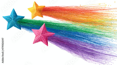 Vibrant rainbow stars streaking across white, symbolizing magic, dreams, wishes, celebration, imagination, and success.