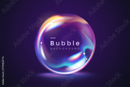 Vibrant 3D bubble with glossy iridescent reflections floating on a dark gradient background. Transparent glass ball with colorful light effects, soft highlights. Ideal for background, banner, poster.
