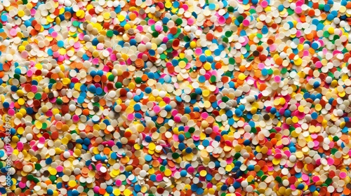 Macro flat lay of colorful candy confetti sprinkles. Festive sweet food background for baking and party celebration. Abstract vibrant sugar decoration texture