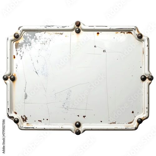 Distressed, white metal sign with ornate trim and mounting bolts