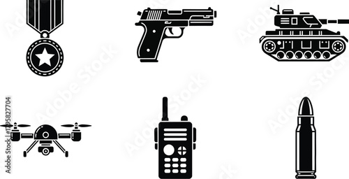 Military weapons and tactical combat icons in black silhouette