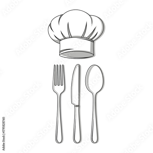 Chef Hat and Utensils Illustrating Food Preparation in a Kitchen Setting, Graphic Design, Minimalist Viewpoint