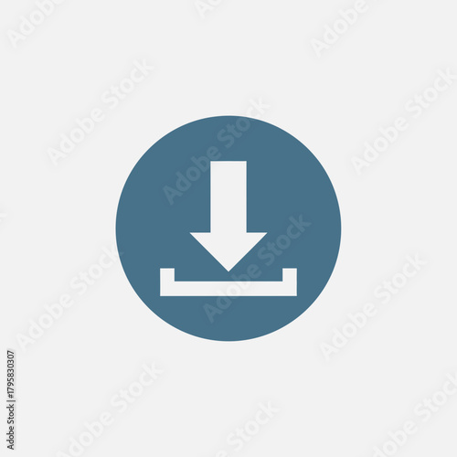 A clear blue circle with a white download arrow icon, symbolizing data transfer or saving files.