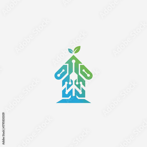 A digital house logo with circuit board design and green leaves on top.