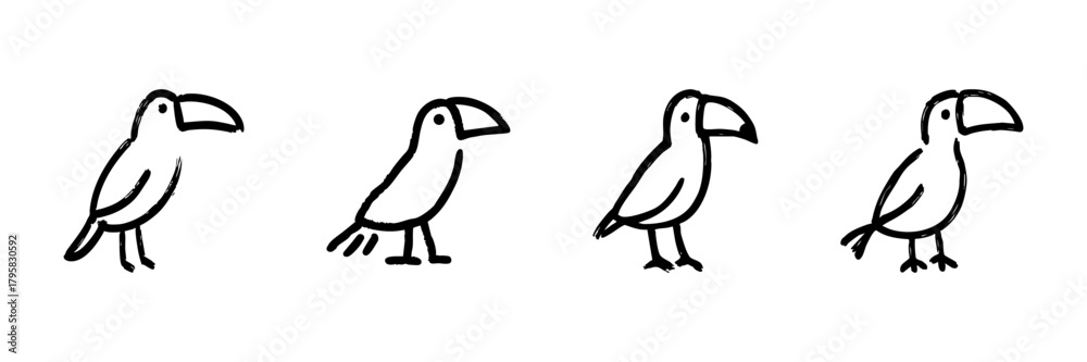 Obraz premium Toucan Bird Line Icon Set In Doodle Style. Tropical Wildlife And Exotic Bird Illustration Outline Sketch Collection. Hand Drawn Isolated Vector Illustration