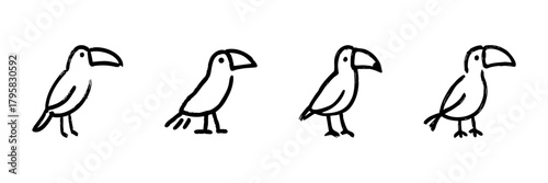 Toucan Bird Line Icon Set In Doodle Style. Tropical Wildlife And Exotic Bird Illustration Outline Sketch Collection. Hand Drawn Isolated Vector Illustration