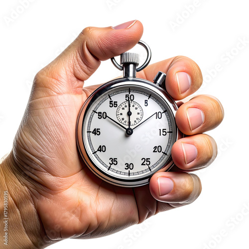 Hand holding chrome stop watch, white face, timing, closeup