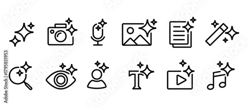 Generative AI icon set, containing magical sparkling star buttons, video, audio, text, images, music, artificial intelligence voice recordings, and other vector illustrations on transparent background