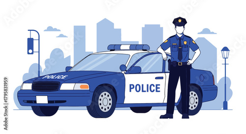 Flat vector illustration of police officer standing beside patrol car on city street. Solid colors, clean minimal shapes, no gradients, concept of public safety and urban law enforcement