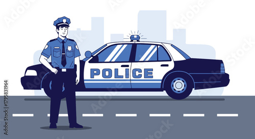 Flat vector illustration of police officer standing beside patrol car on city street. Solid colors, clean minimal shapes, no gradients, concept of public safety and urban law enforcement