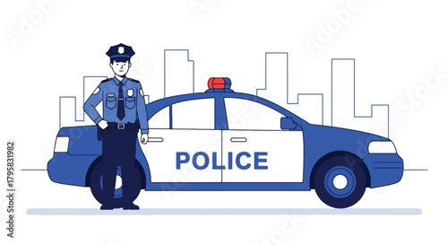 Flat vector illustration of police officer standing beside patrol car on city street. Solid colors, clean minimal shapes, no gradients, concept of public safety and urban law enforcement