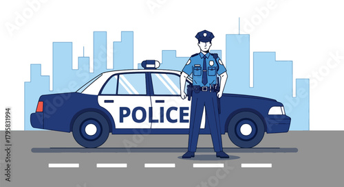 Flat vector illustration of police officer standing beside patrol car on city street. Solid colors, clean minimal shapes, no gradients, concept of public safety and urban law enforcement