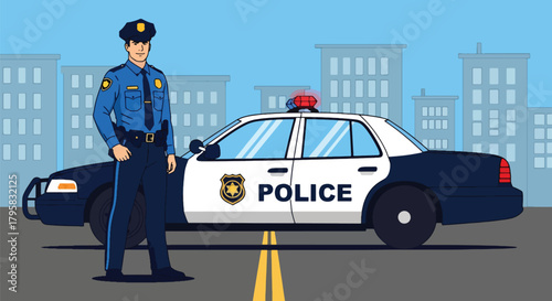 Flat vector illustration of police officer standing beside patrol car on city street. Solid colors, clean minimal shapes, no gradients, concept of public safety and urban law enforcement