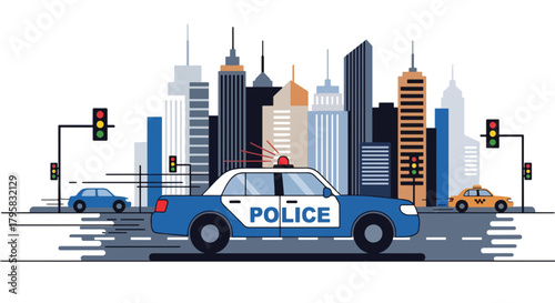Flat vector illustration of police car patrolling busy downtown avenue with skyscrapers. Solid tones, clean geometric layout, no gradients, modern city law enforcement scene