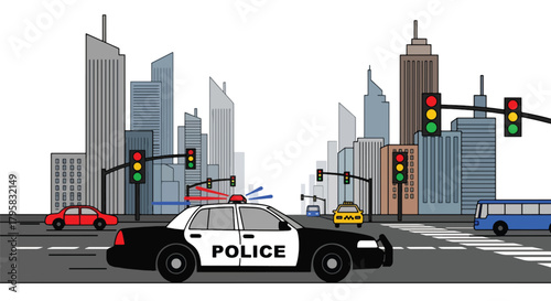 Flat vector illustration of police car patrolling busy downtown avenue with skyscrapers. Solid tones, clean geometric layout, no gradients, modern city law enforcement scene