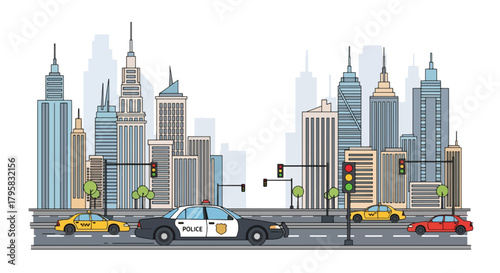 Flat vector illustration of police car patrolling busy downtown avenue with skyscrapers. Solid tones, clean geometric layout, no gradients, modern city law enforcement scene