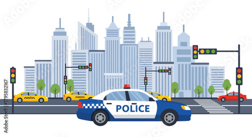 Flat vector illustration of police car patrolling busy downtown avenue with skyscrapers. Solid tones, clean geometric layout, no gradients, modern city law enforcement scene