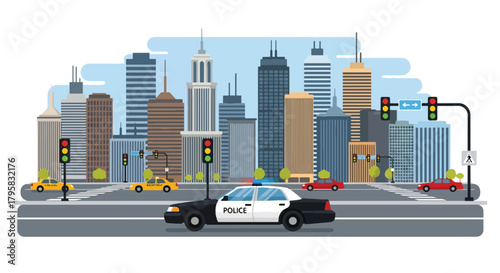 Flat vector illustration of police car patrolling busy downtown avenue with skyscrapers. Solid tones, clean geometric layout, no gradients, modern city law enforcement scene