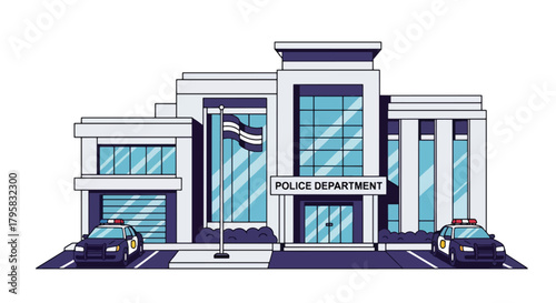 Flat vector illustration of police station building with flag, signage, and parked patrol cars. Solid clean palette, simple geometric shapes, no gradients, civic law enforcement theme