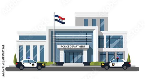 Flat vector illustration of police station building with flag, signage, and parked patrol cars. Solid clean palette, simple geometric shapes, no gradients, civic law enforcement theme