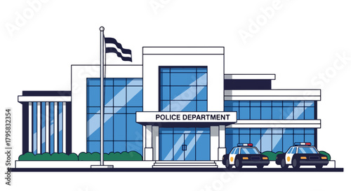 Flat vector illustration of police station building with flag, signage, and parked patrol cars. Solid clean palette, simple geometric shapes, no gradients, civic law enforcement theme
