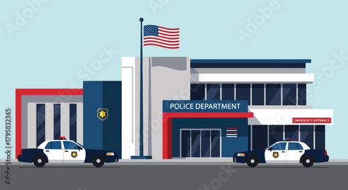 Flat vector illustration of police station building with flag, signage, and parked patrol cars. Solid clean palette, simple geometric shapes, no gradients, civic law enforcement theme