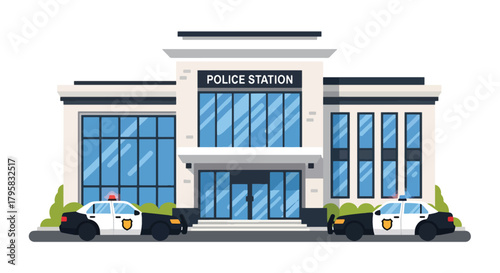 Flat vector illustration of police station building with flag, signage, and parked patrol cars. Solid clean palette, simple geometric shapes, no gradients, civic law enforcement theme