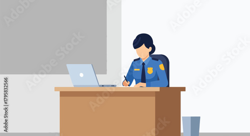 Flat vector illustration of female police officer writing report at desk with laptop and badge. Solid tones, clean office interior, no gradients, administrative law enforcement scene