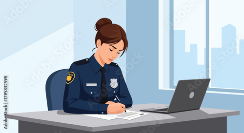 Flat vector illustration of female police officer writing report at desk with laptop and badge. Solid tones, clean office interior, no gradients, administrative law enforcement scene