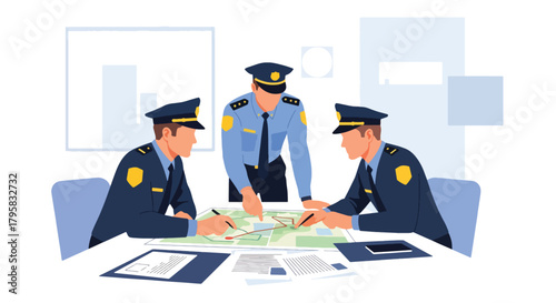 Flat vector illustration of officers gathered around table reviewing maps and documents. Solid colors, clean meeting room layout, no gradients, teamwork and strategy concept